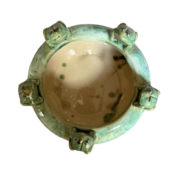 Majolica Style Round Pottery Planter 5 Frogs Bowl Turquoise Brown Drip Glaze - Picture 3 of 7